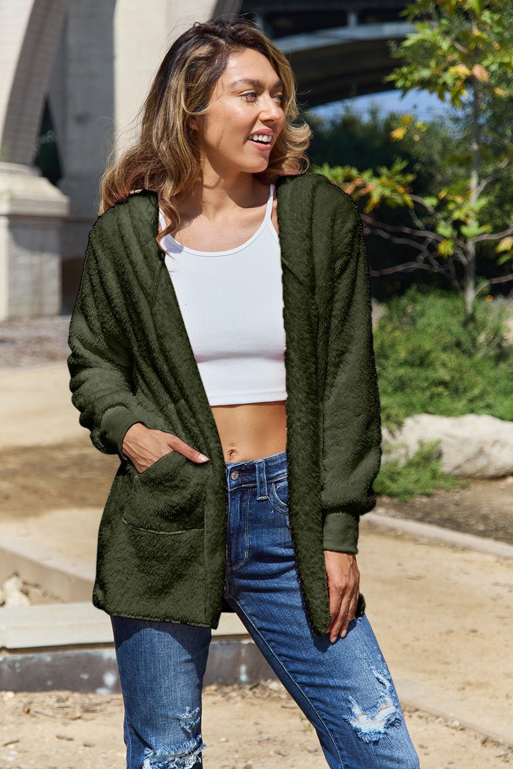 Full Size Teddy Hooded Jacket with Pockets - Bella Blue Styles