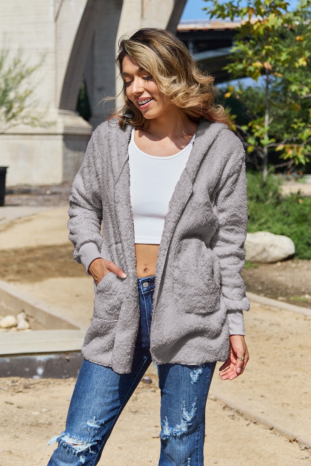 Full Size Teddy Hooded Jacket with Pockets - Bella Blue Styles
