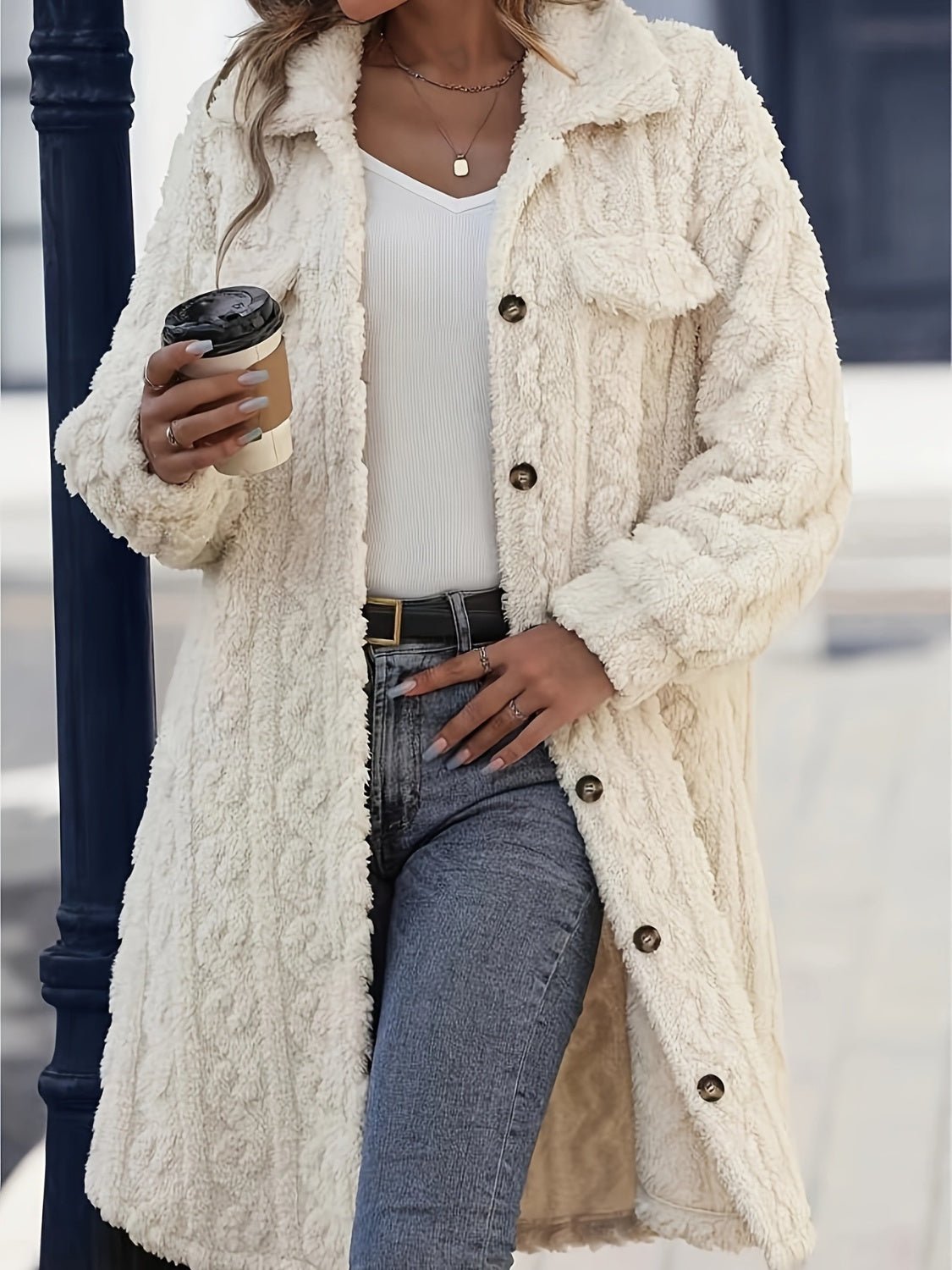Fuzzy Button Up Long Sleeve Longline Coat - Bella Blue Styles