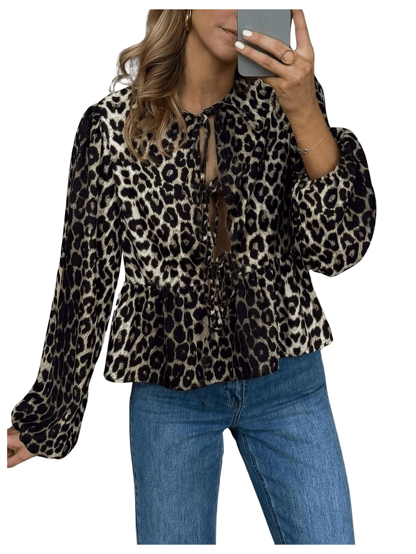 MakeMeChic Women's Leopard Print Tie Neck Blouses Long Lantern Sleeve Ruffled Tops Multicolor Leopard X - Large - Bella Blue Styles