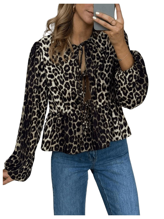 MakeMeChic Women's Leopard Print Tie Neck Blouses Long Lantern Sleeve Ruffled Tops Multicolor Leopard X - Large - Bella Blue Styles