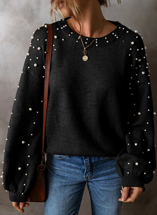 Pearl Detail Round Neck Long Sleeve Sweater - Bella Blue Styles