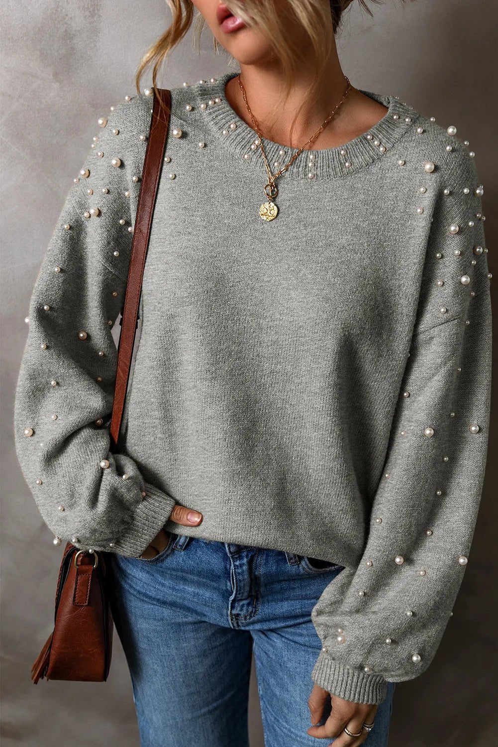 Pearl Detail Round Neck Long Sleeve Sweater - Bella Blue Styles