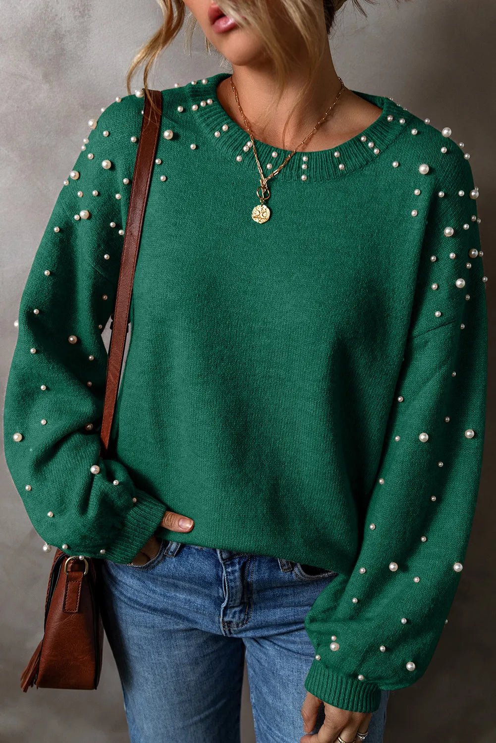 Pearl Detail Round Neck Long Sleeve Sweater - Bella Blue Styles