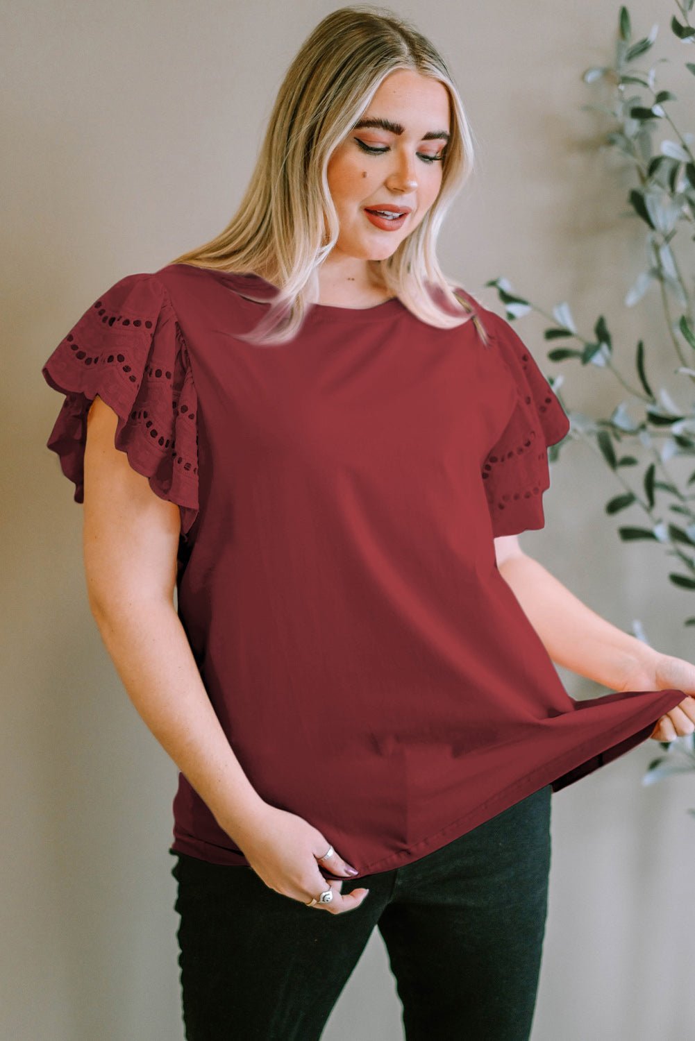 Plus Size Eyelet Round Neck Short Sleeve Blouse - Bella Blue Styles