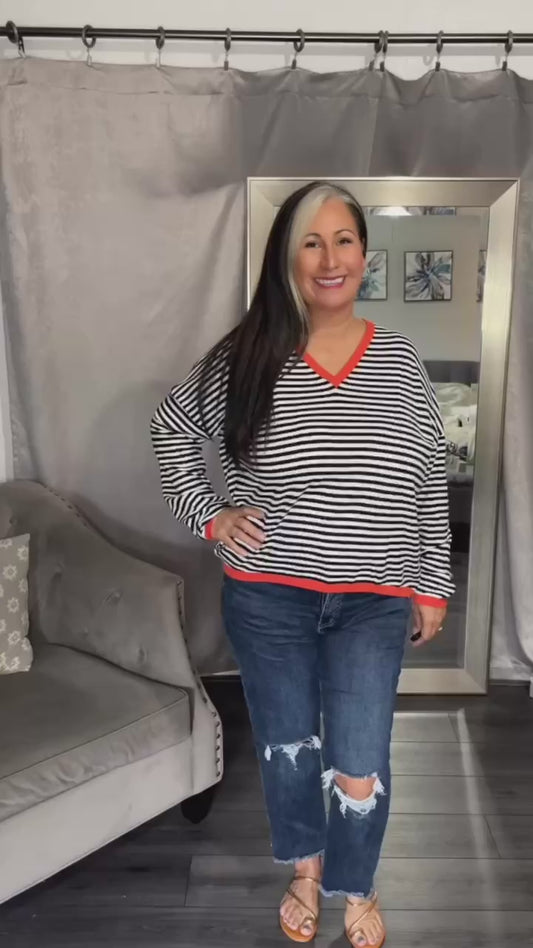 Contrast Trim Striped V-Neck Long Sleeve Knit Top