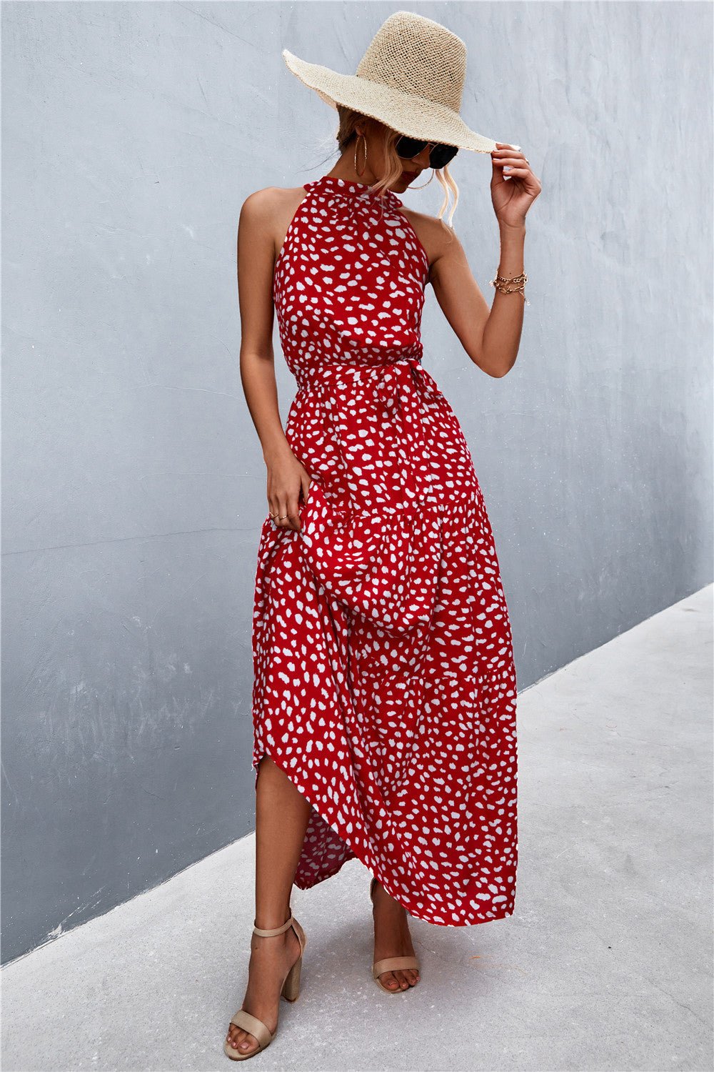 Printed Sleeveless Tie Waist Maxi Dress - Bella Blue Styles