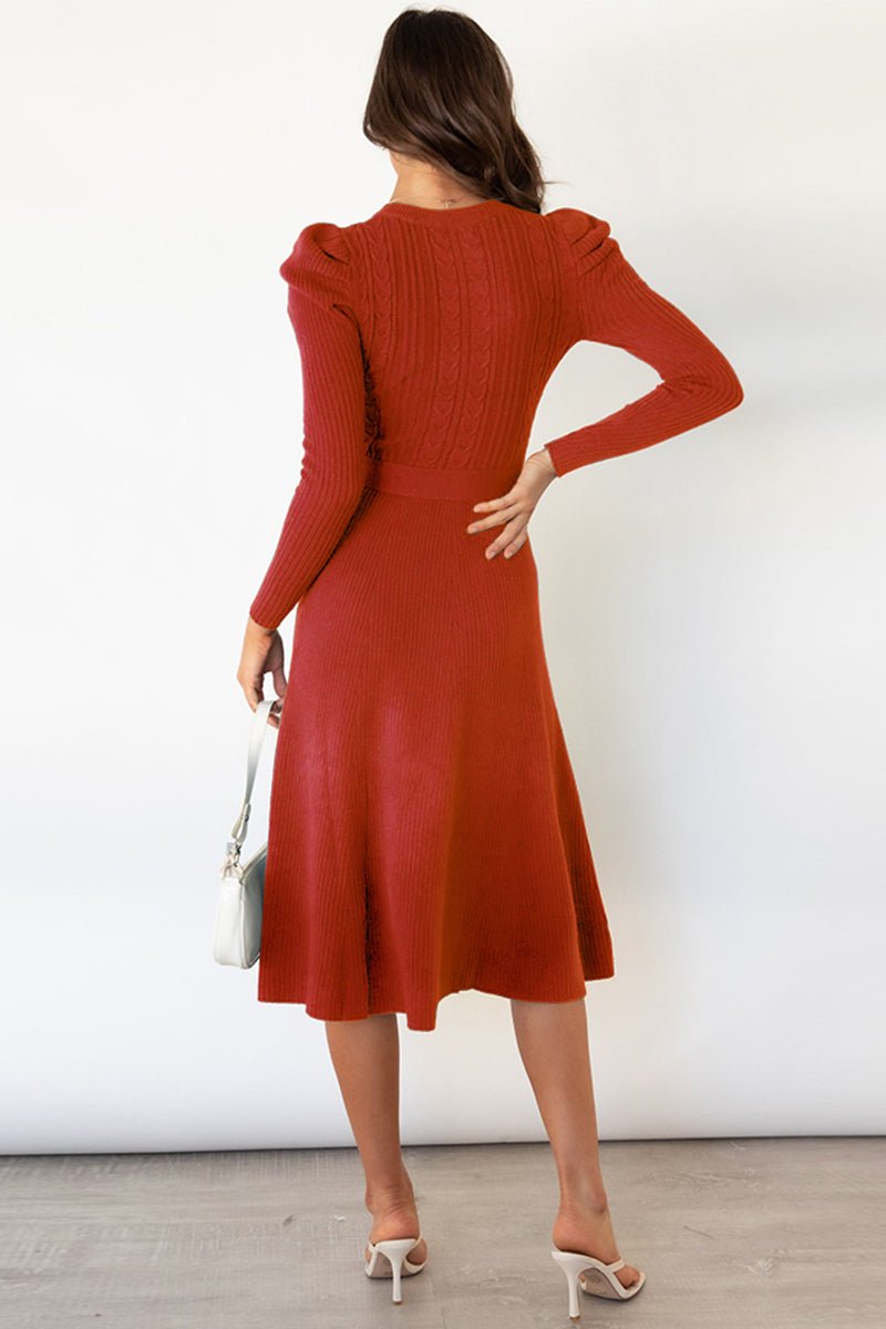 Round Neck Long Sleeve Tie Waist Sweater Dress - Bella Blue Styles
