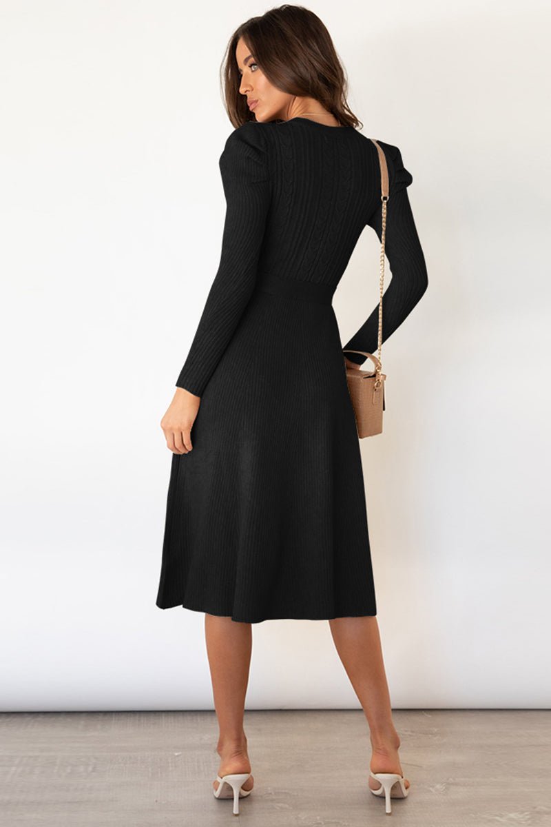 Round Neck Long Sleeve Tie Waist Sweater Dress - Bella Blue Styles