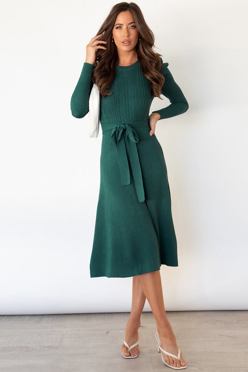 Round Neck Long Sleeve Tie Waist Sweater Dress - Bella Blue Styles