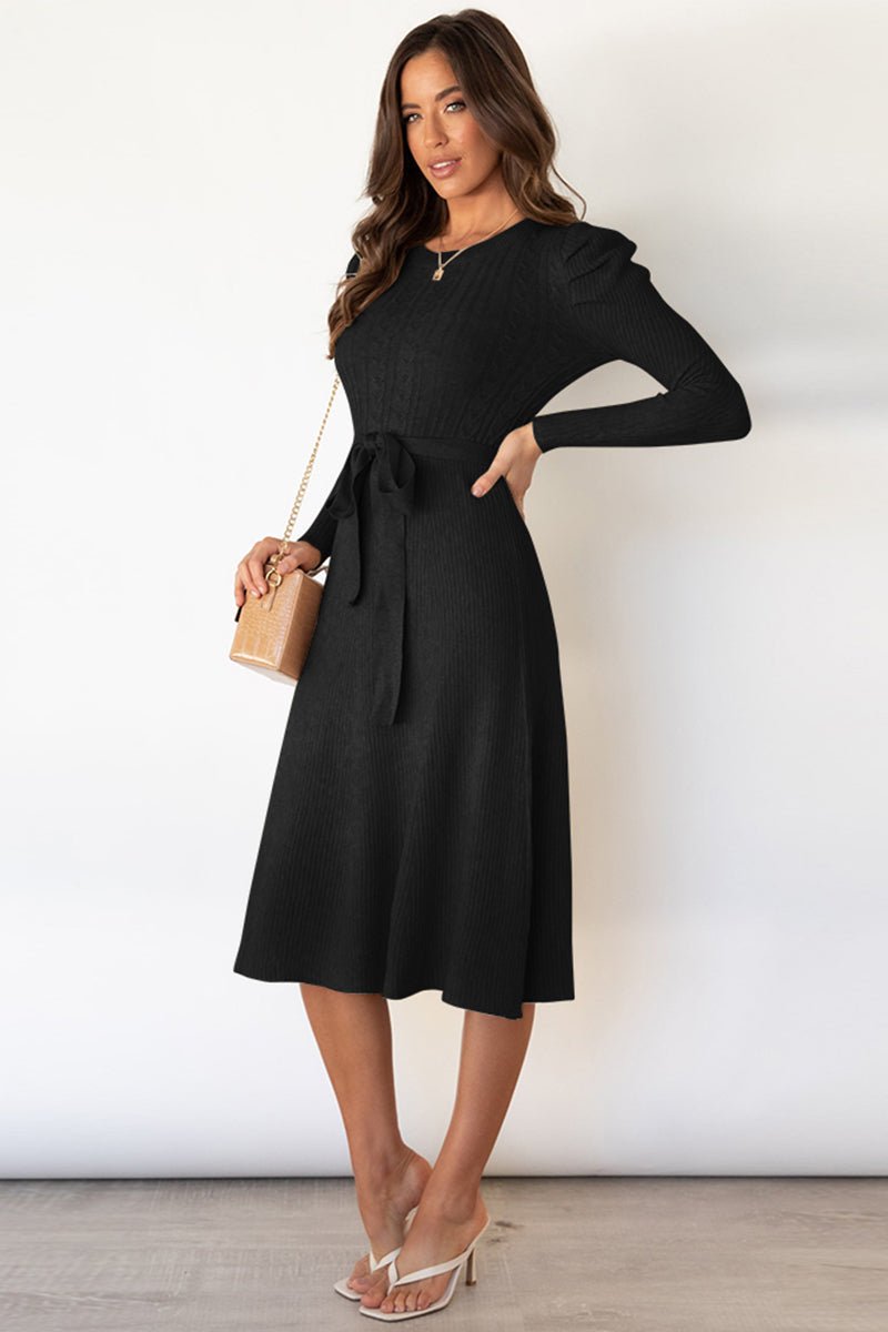 Round Neck Long Sleeve Tie Waist Sweater Dress - Bella Blue Styles