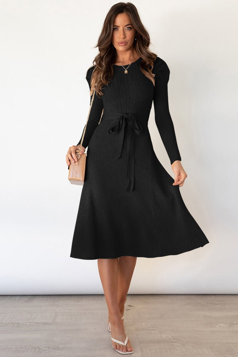 Round Neck Long Sleeve Tie Waist Sweater Dress - Bella Blue Styles