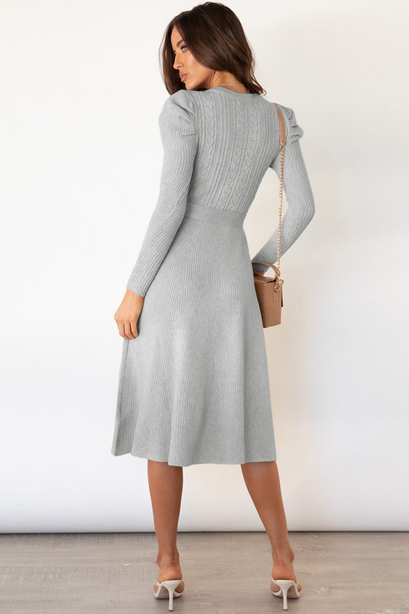 Round Neck Long Sleeve Tie Waist Sweater Dress - Bella Blue Styles