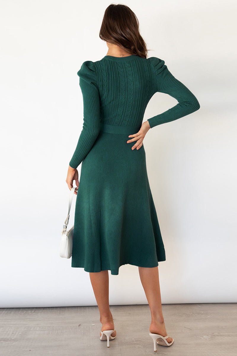 Round Neck Long Sleeve Tie Waist Sweater Dress - Bella Blue Styles