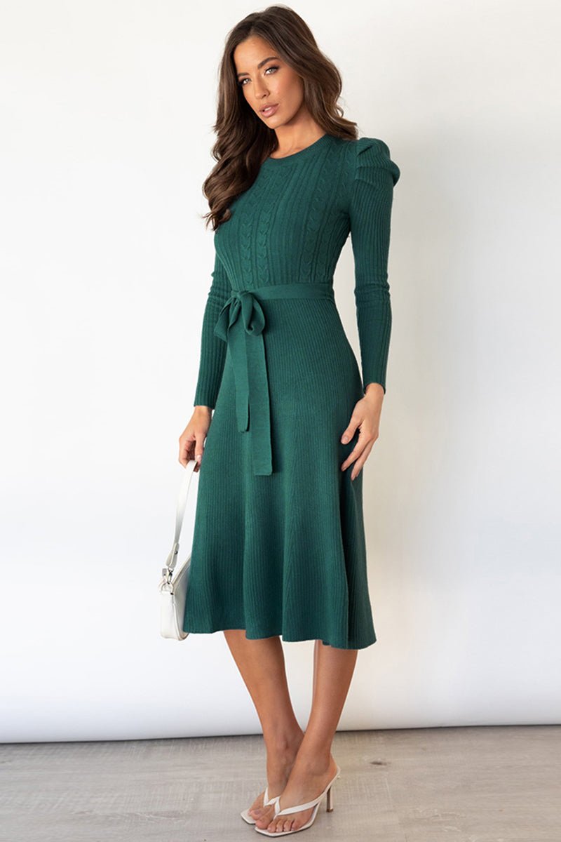 Round Neck Long Sleeve Tie Waist Sweater Dress - Bella Blue Styles