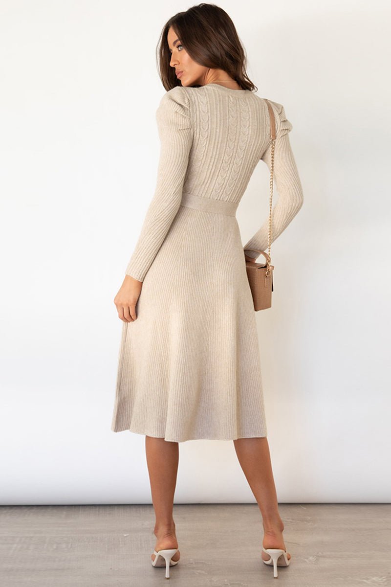 Round Neck Long Sleeve Tie Waist Sweater Dress - Bella Blue Styles
