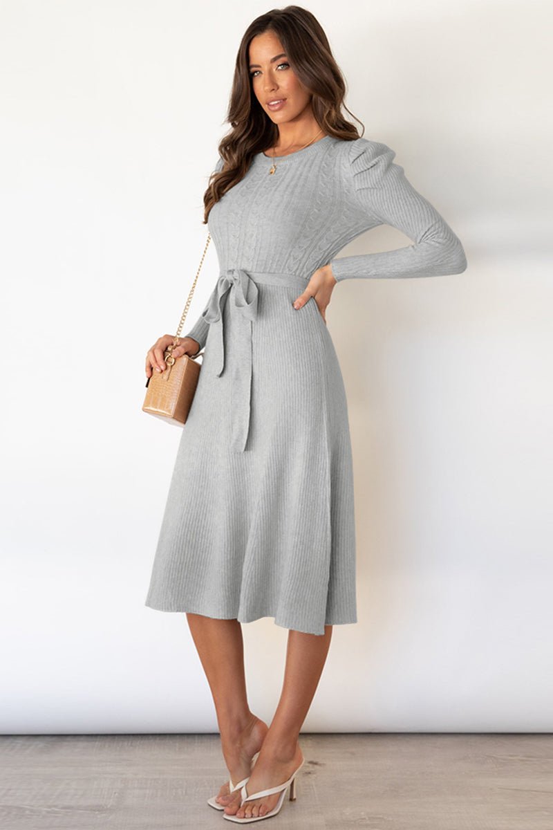 Round Neck Long Sleeve Tie Waist Sweater Dress - Bella Blue Styles