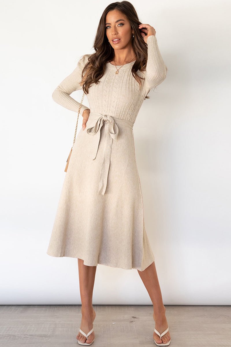 Round Neck Long Sleeve Tie Waist Sweater Dress - Bella Blue Styles
