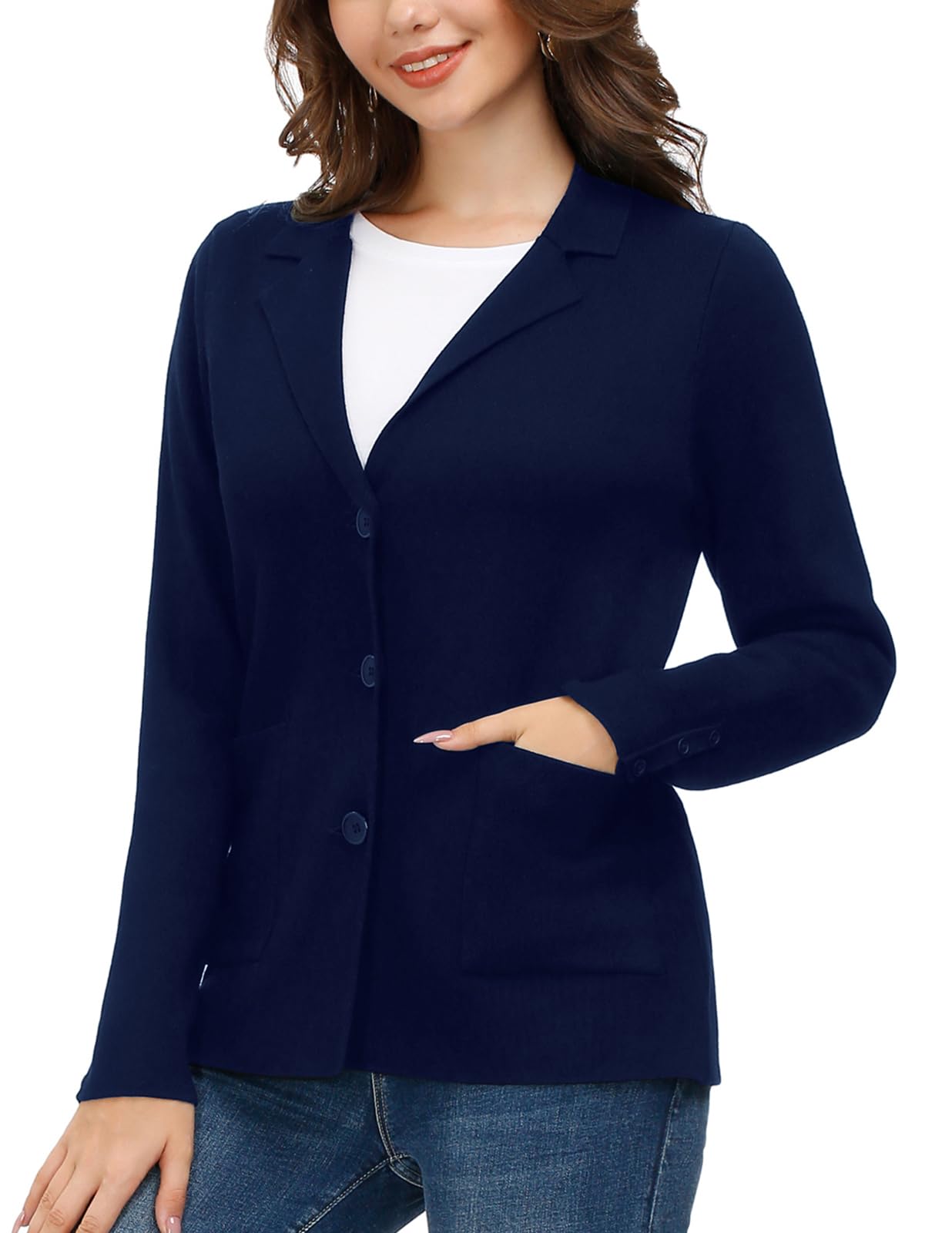Versatile Business Work Office Suit Blazers Ladies Plus Size Stretch Casual Knit Jackets(XL, Navy Blue) - Bella Blue Styles